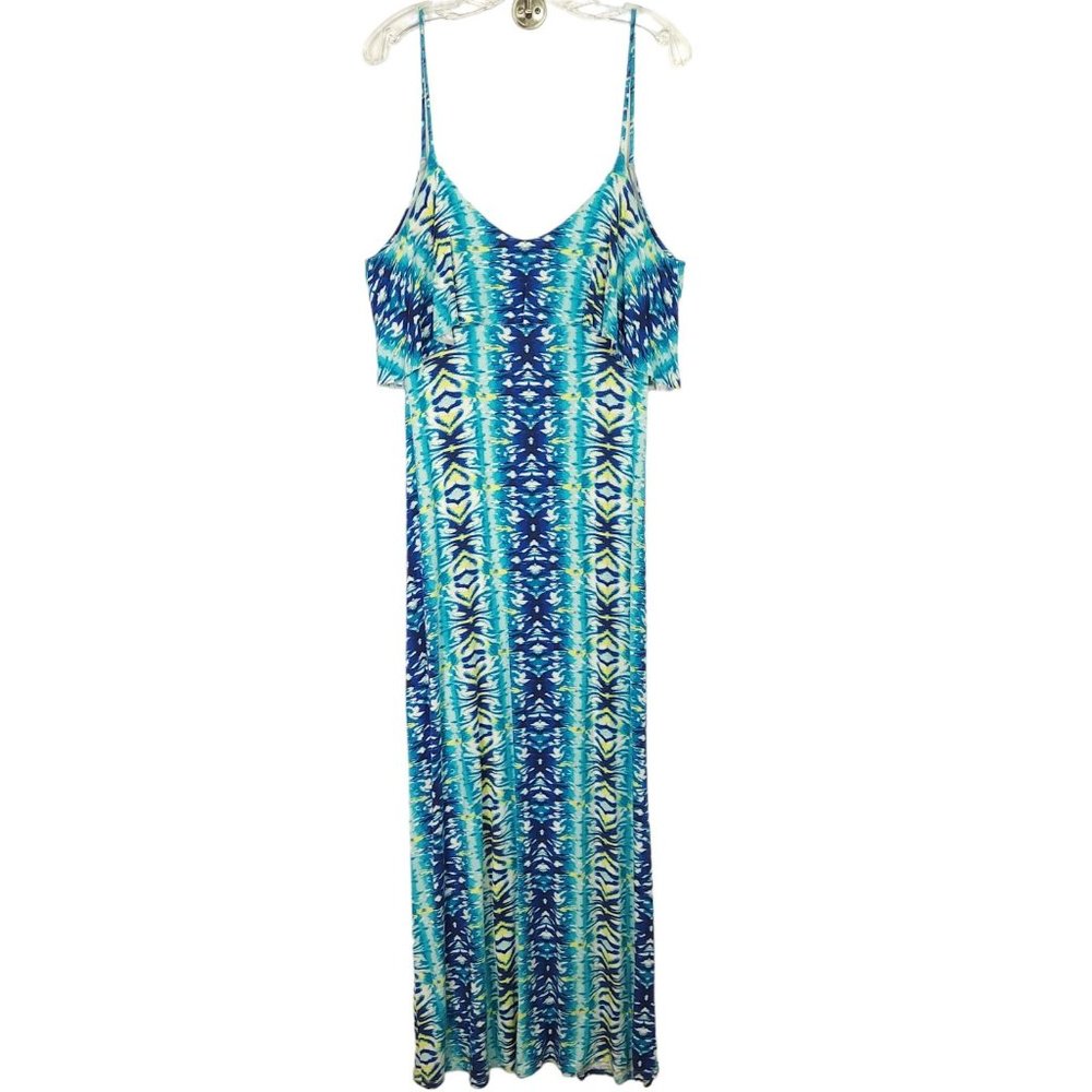 5148 Womens Strappy Maxi Dress Size‎ L Blue Yellow Print Deep V Back Stretch